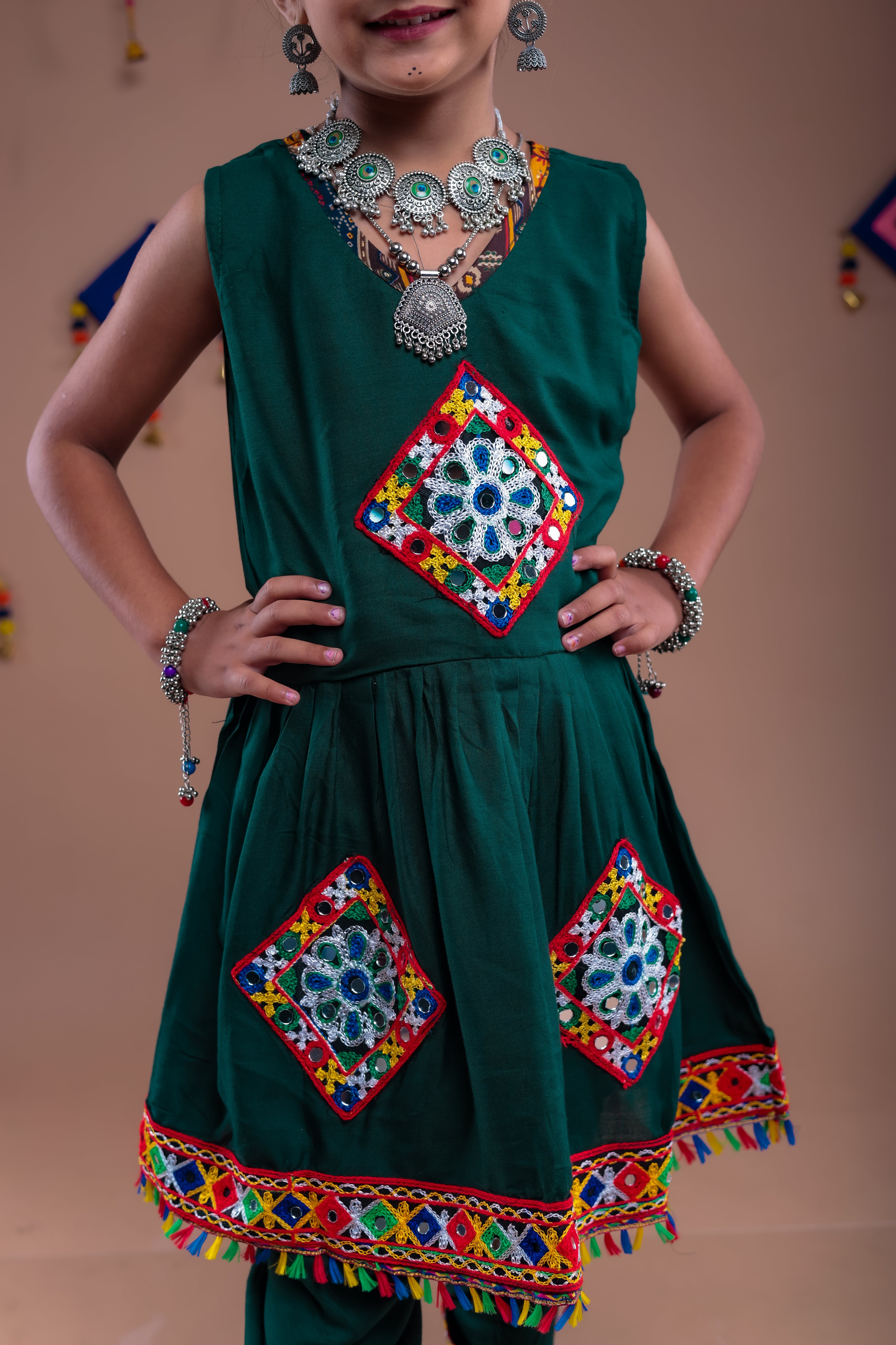 Banjara India Kutchi Embroidered Girls Dhoti Set (DHT-111) - Green
