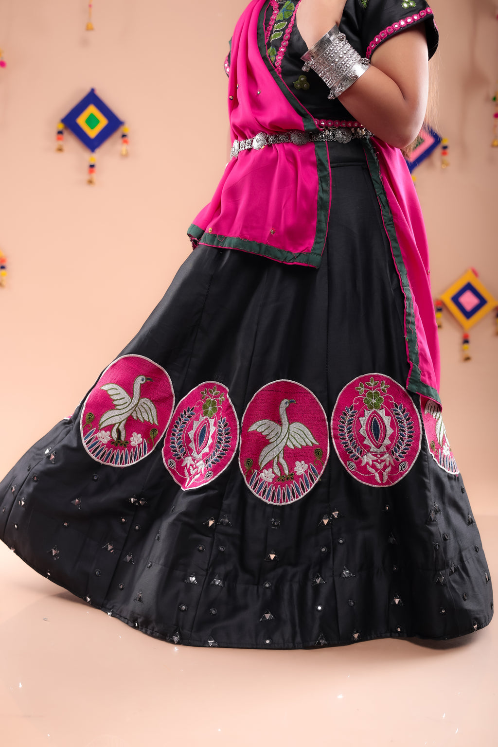 Banjara India Kutchi Embroidered Girls Chaniya Choli with Dupatta (CC-Bird)-Black