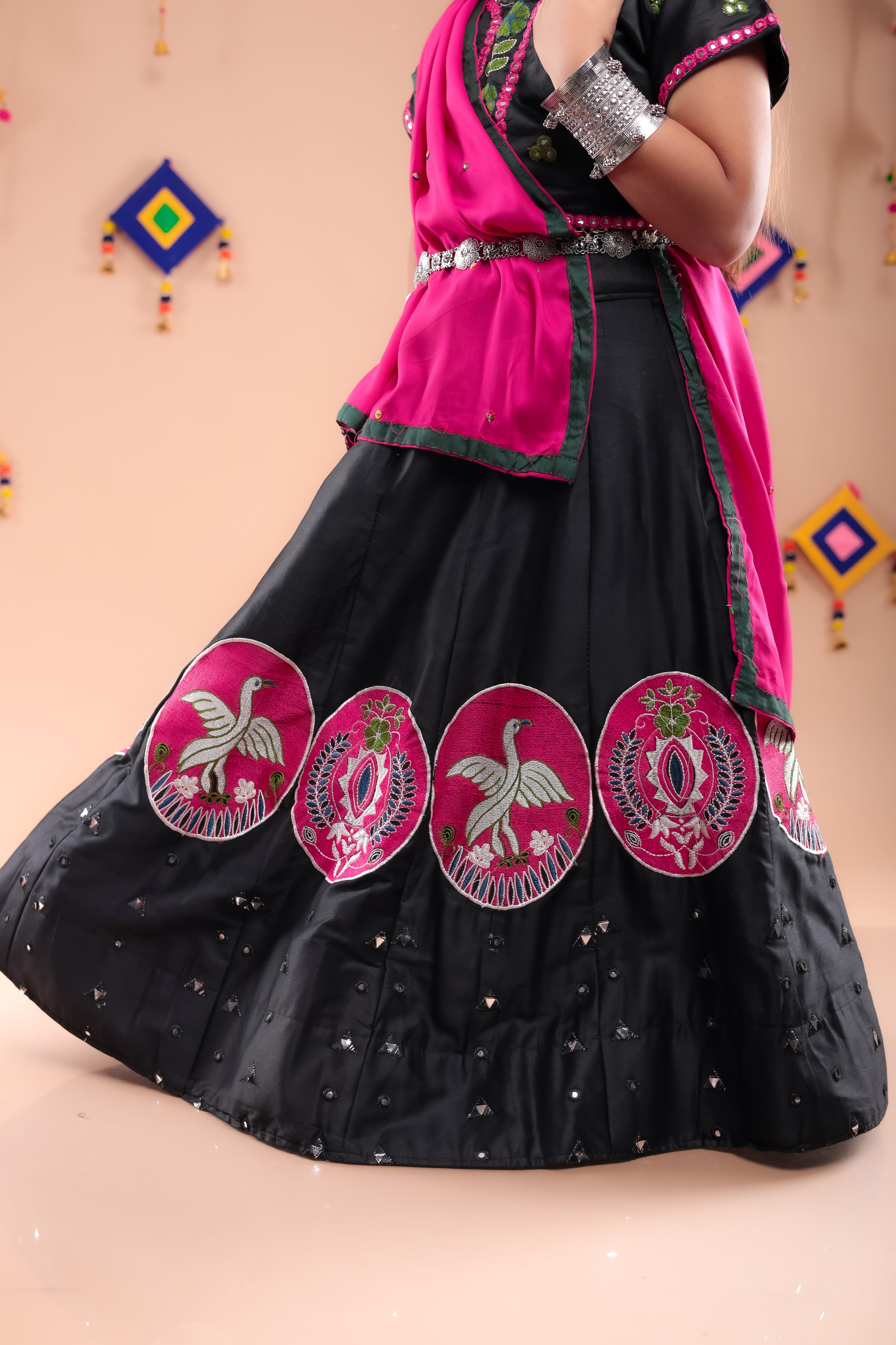 Banjara India Kutchi Embroidered Girls Chaniya Choli with Dupatta (CC-Bird)-Black
