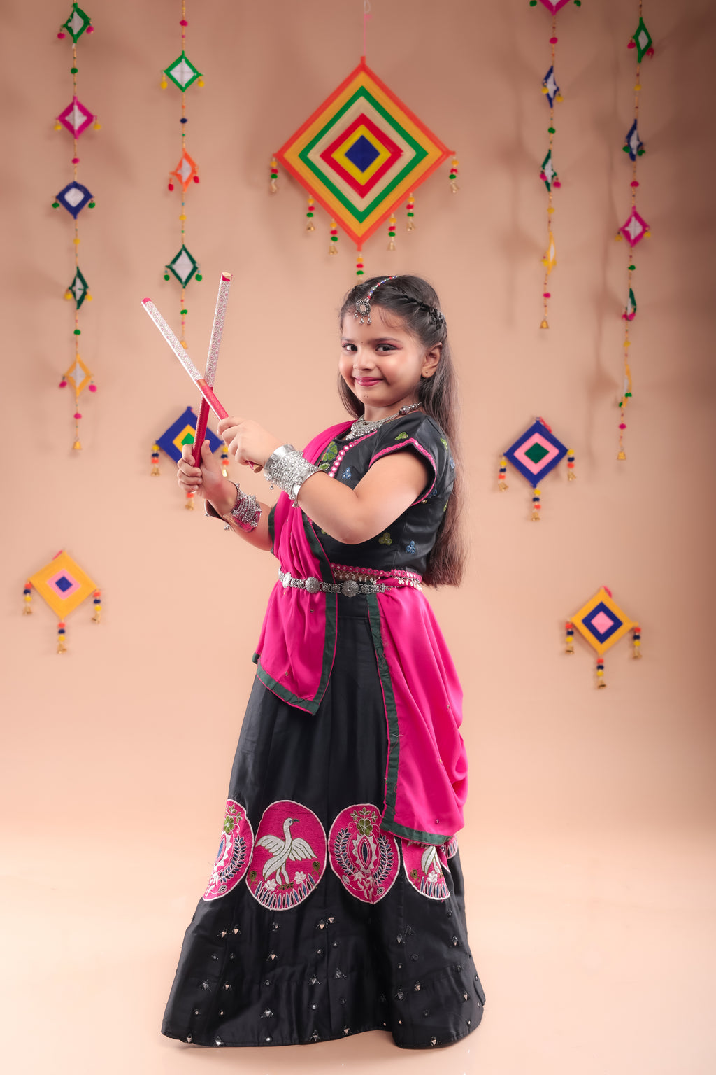 Banjara India Kutchi Embroidered Girls Chaniya Choli with Dupatta (CC-Bird)-Black