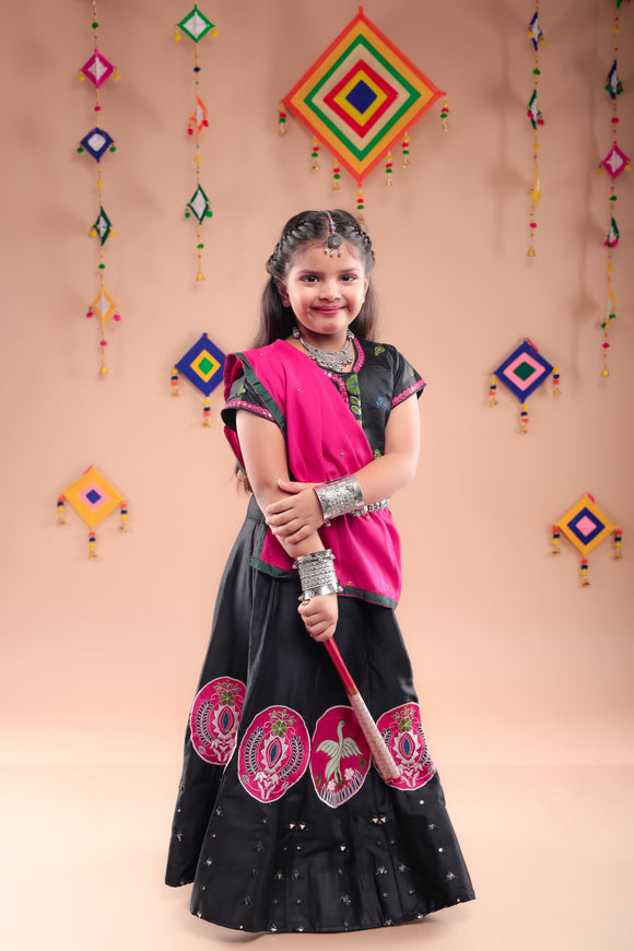 Banjara India Kutchi Embroidered Girls Chaniya Choli with Dupatta (CC-Bird)-Black