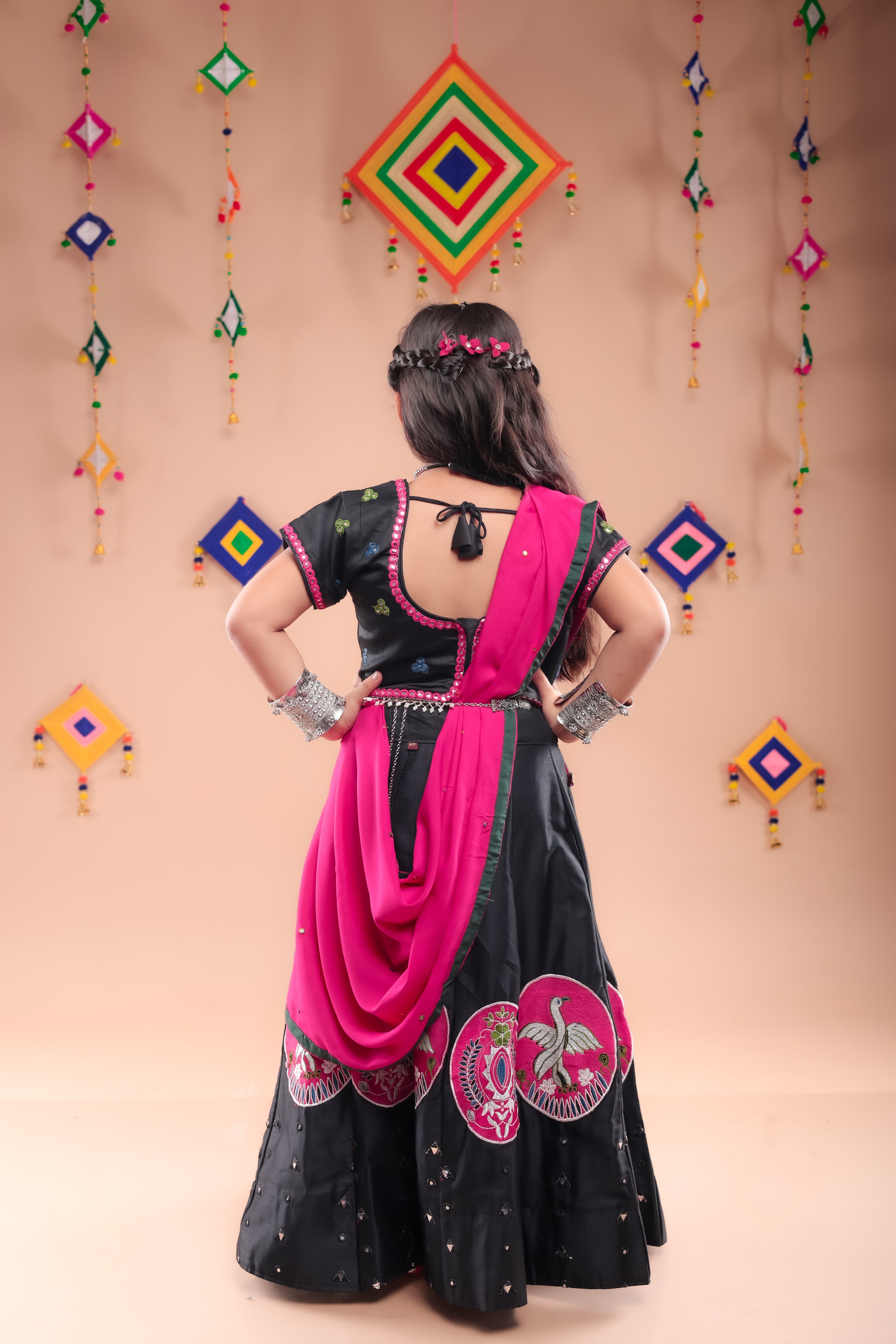 Banjara India Kutchi Embroidered Girls Chaniya Choli with Dupatta (CC-Bird)-Black