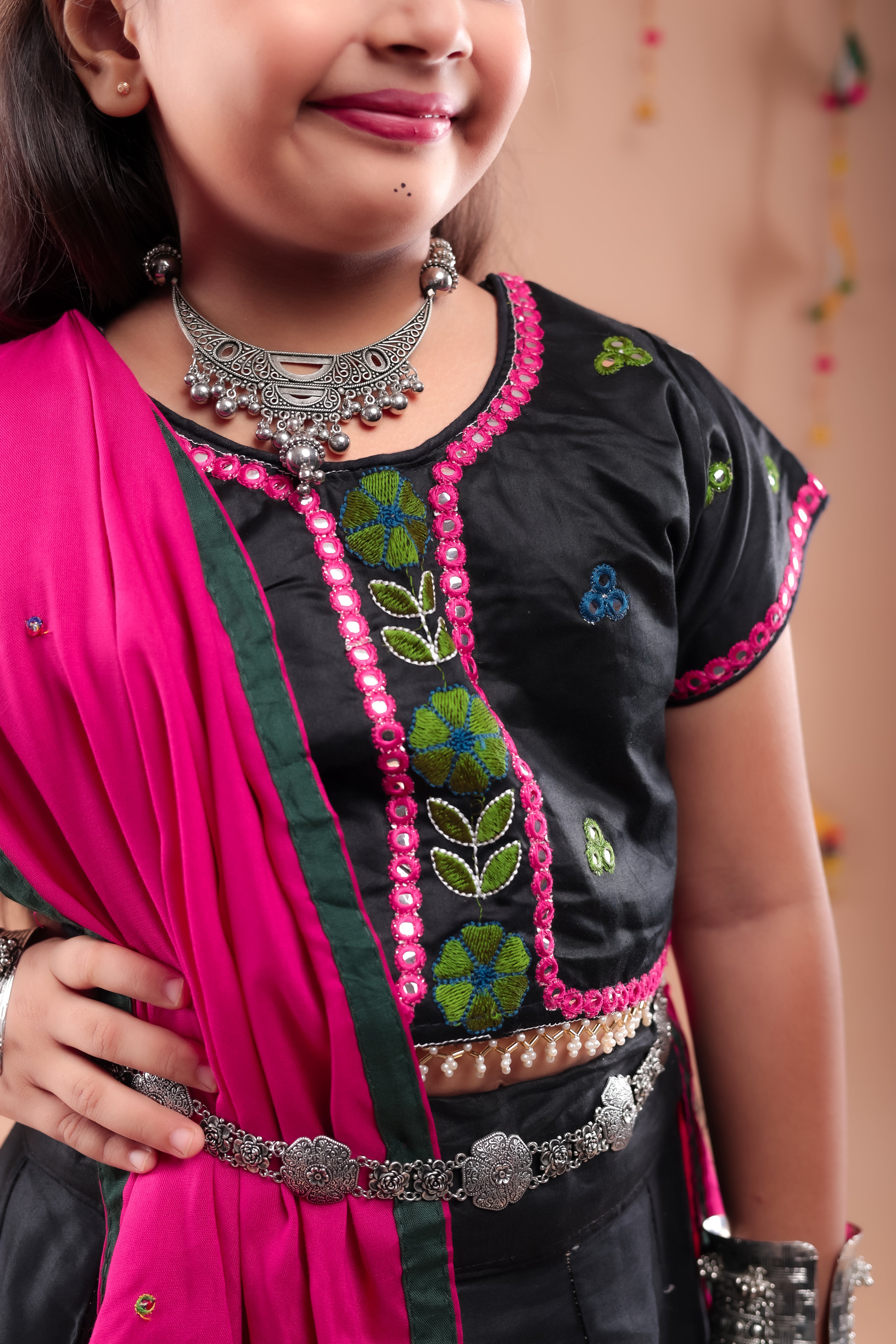 Banjara India Kutchi Embroidered Girls Chaniya Choli with Dupatta (CC-Bird)-Black