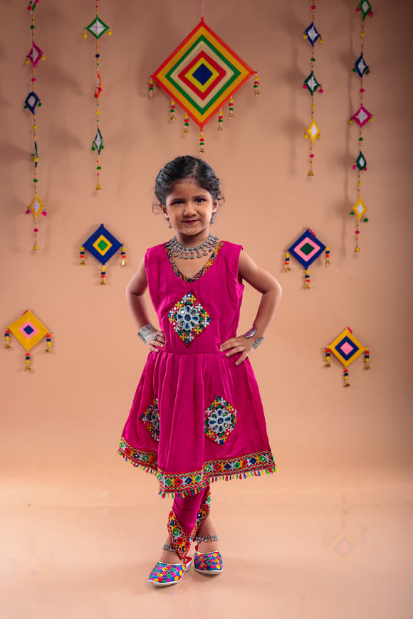 Banjara India Kutchi Embroidered Girls Dhoti Set (DHT-111) - Pink