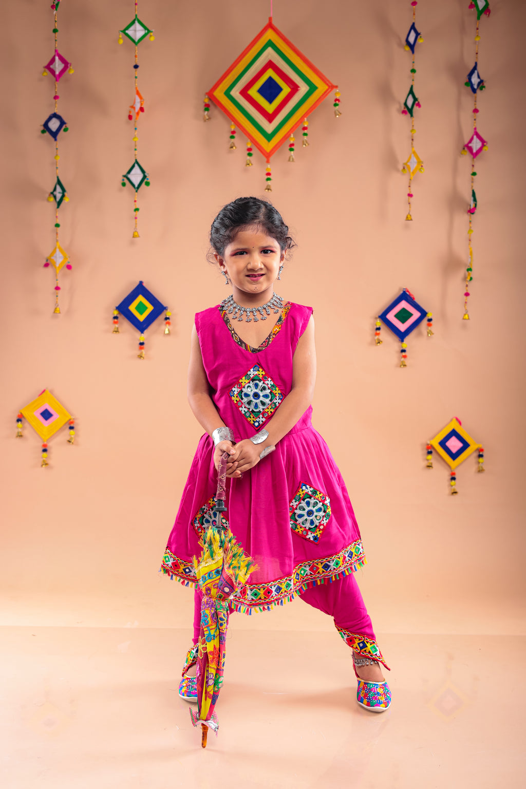Banjara India Kutchi Embroidered Girls Dhoti Set (DHT-111) - Pink