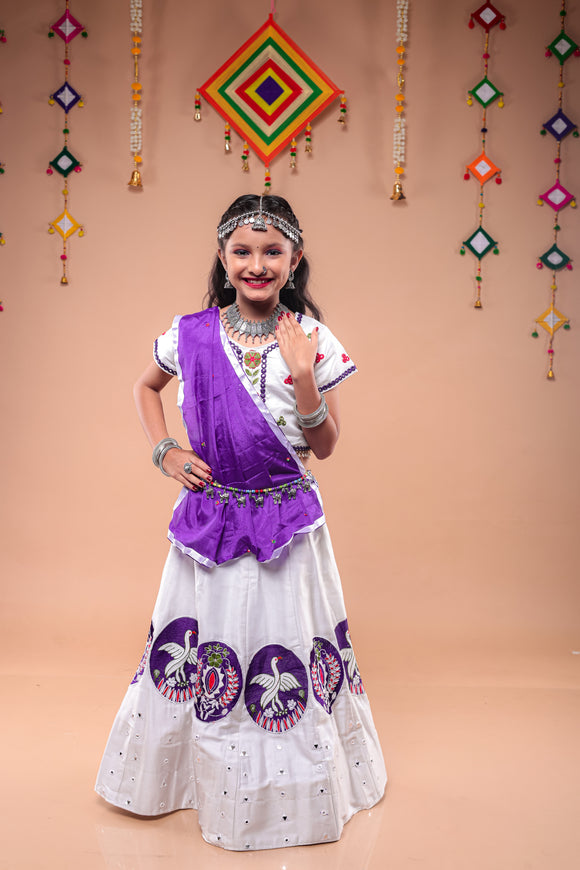 Banjara India Kutchi Embroidered Girls Chaniya Choli with Dupatta (CC-Bird)-White