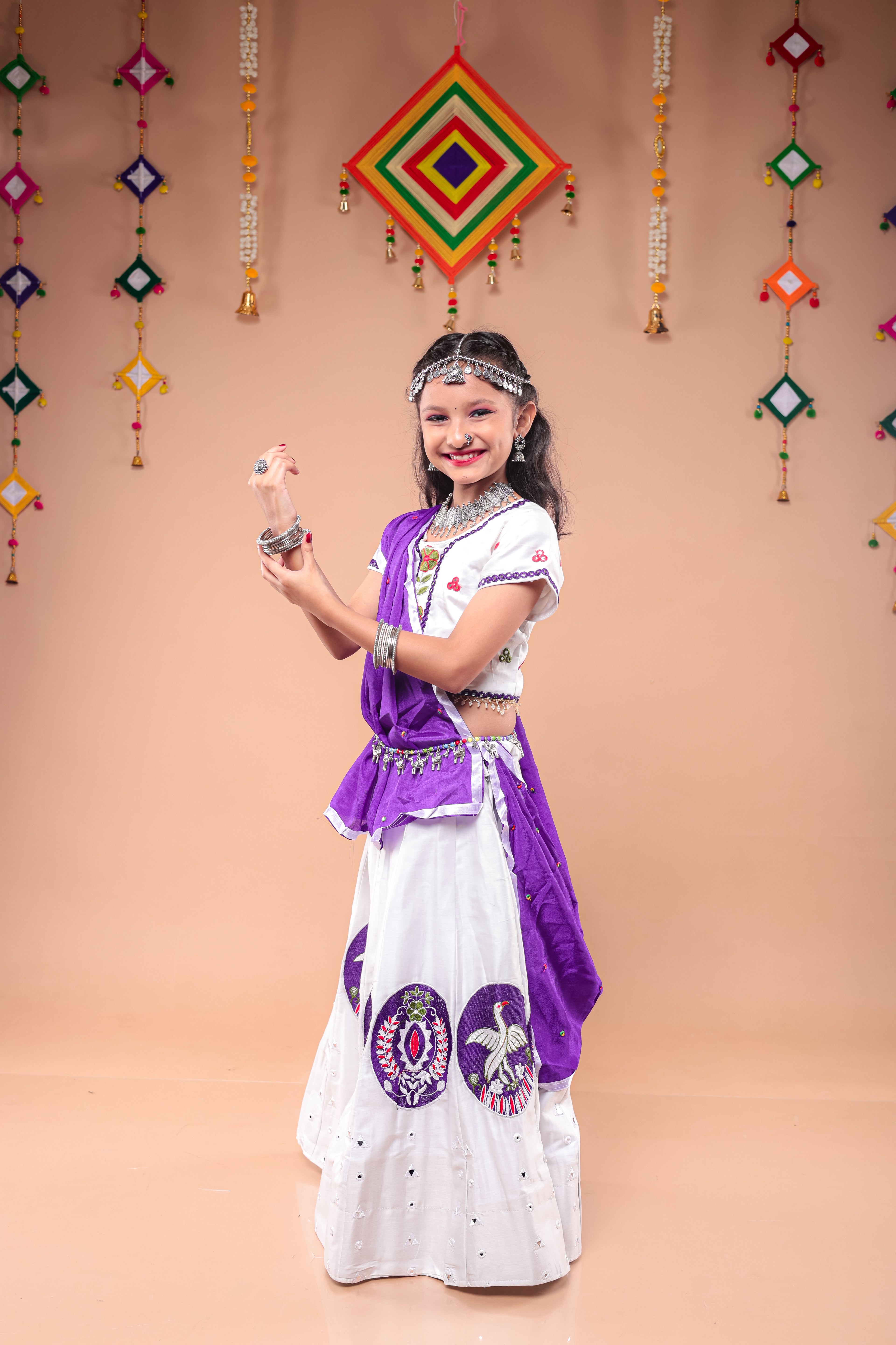 Banjara India Kutchi Embroidered Girls Chaniya Choli with Dupatta (CC-Bird)-White