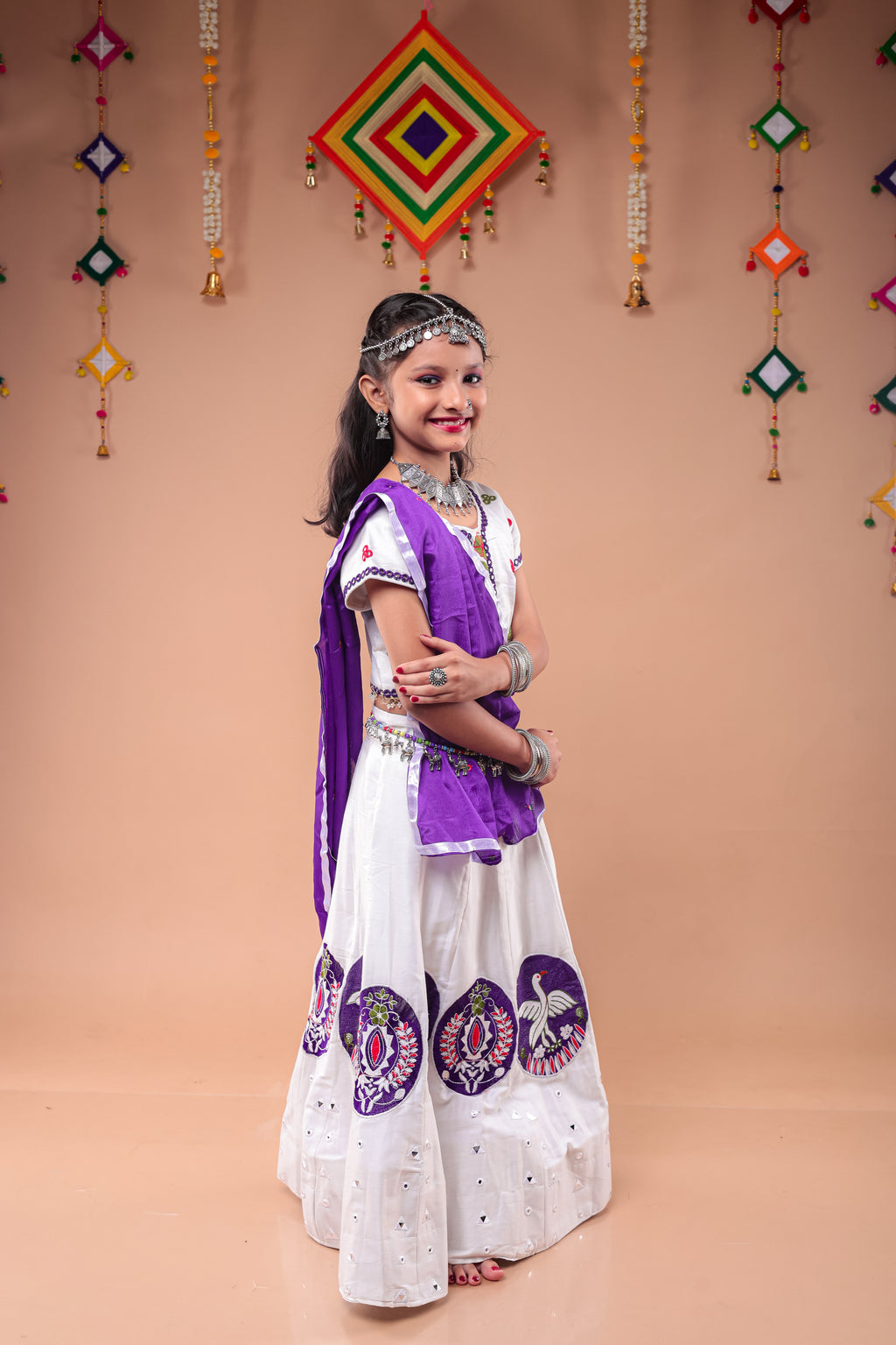 Banjara India Kutchi Embroidered Girls Chaniya Choli with Dupatta (CC-Bird)-White