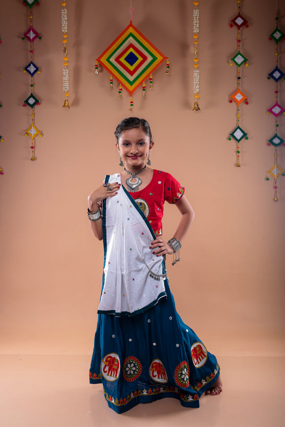 Banjara India Kutchi Embroidered Girls Chaniya Choli with Dupatta (CC-Flower)-Teal