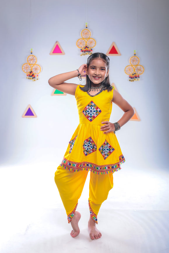 Banjara India Kutchi Embroidered Girls Dhoti Set (DHT-111) - Yellow