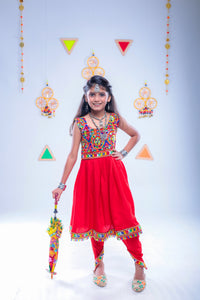 Banjara India Kutchi Emboidered White Girls Dhoti Set (DHT-222) -Red
