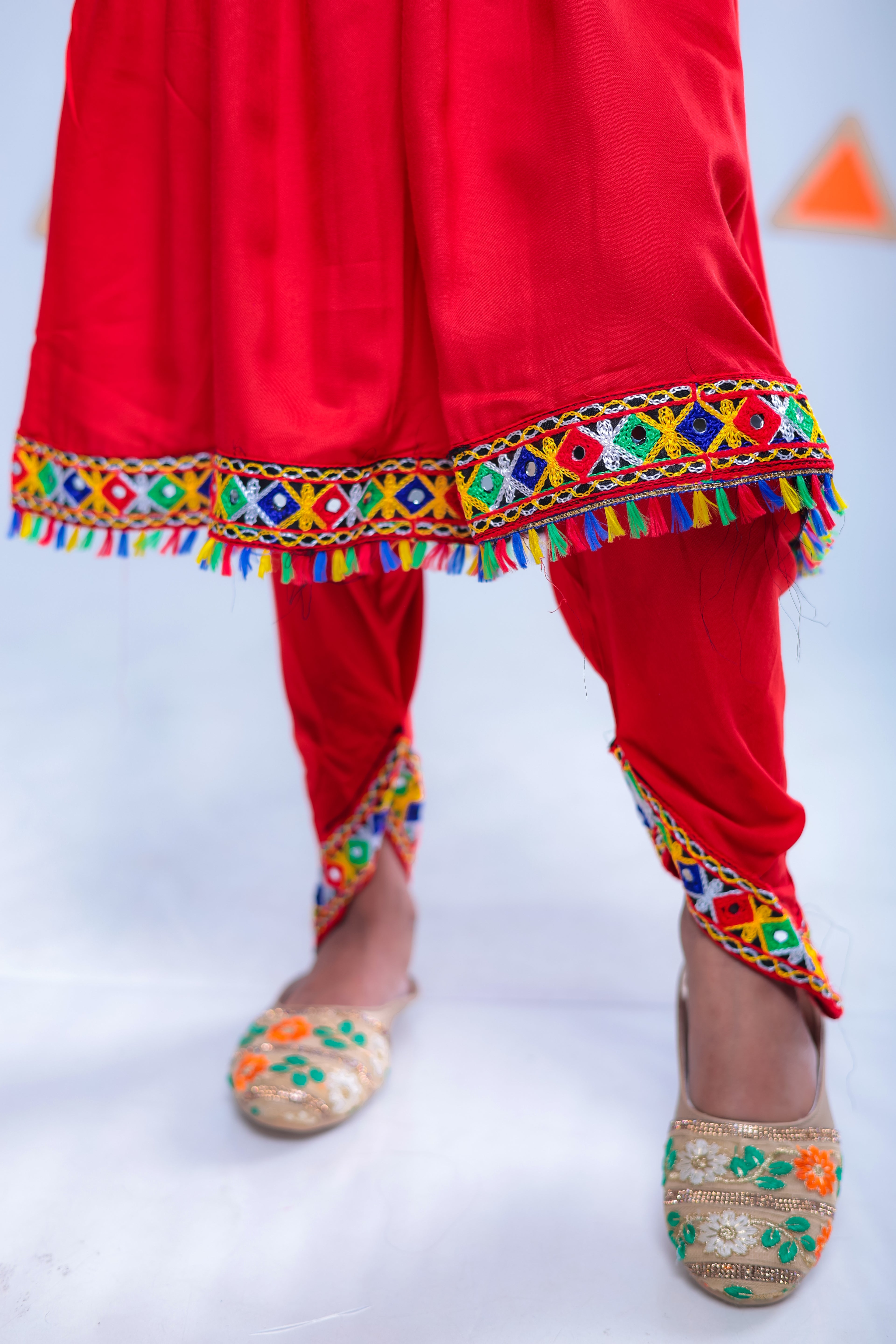 Banjara India Kutchi Emboidered White Girls Dhoti Set (DHT-222) -Red