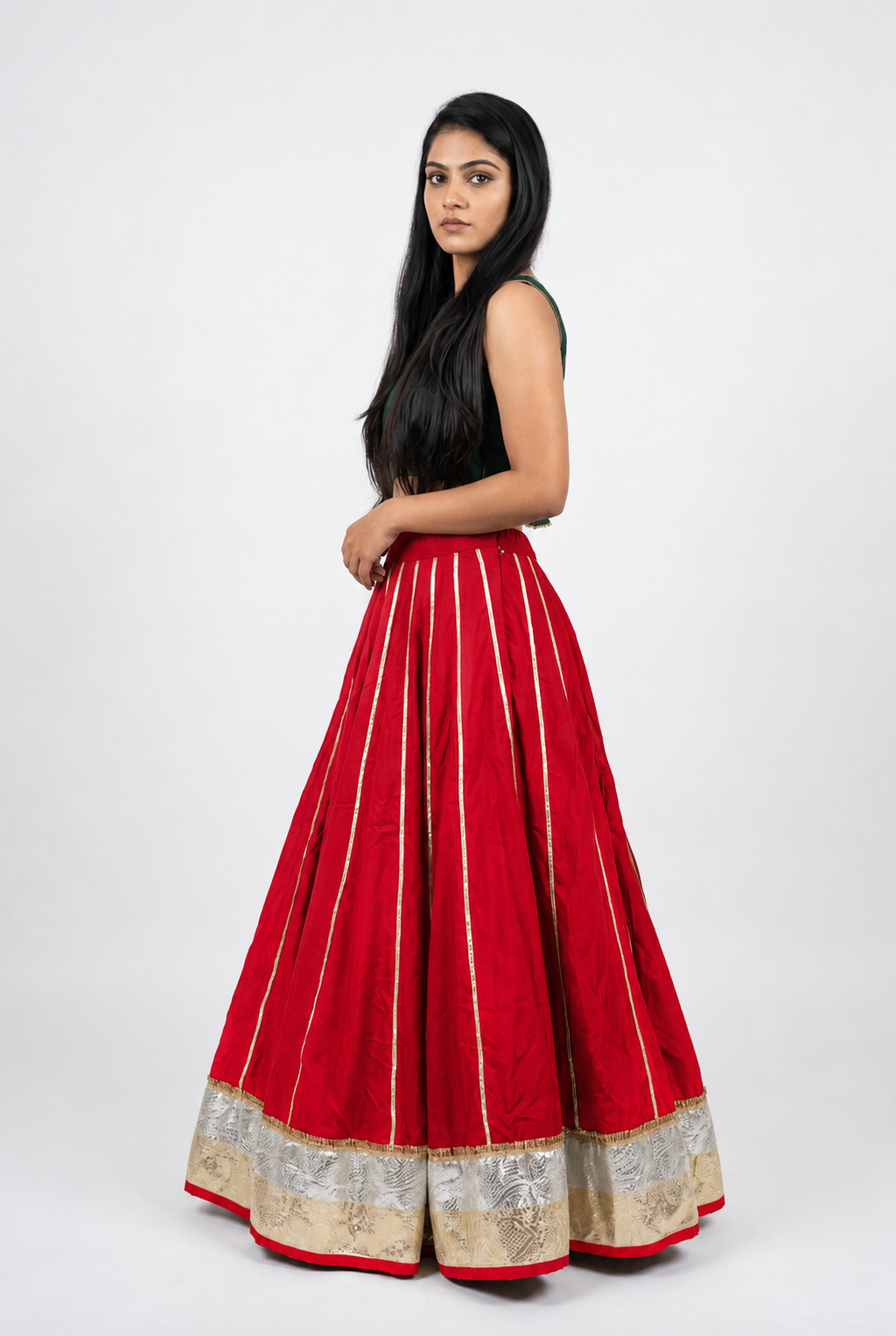 Banjara India Black Premium Rayon Kali Skirt/Chaniya – Skirt-Sona Chandi- Red