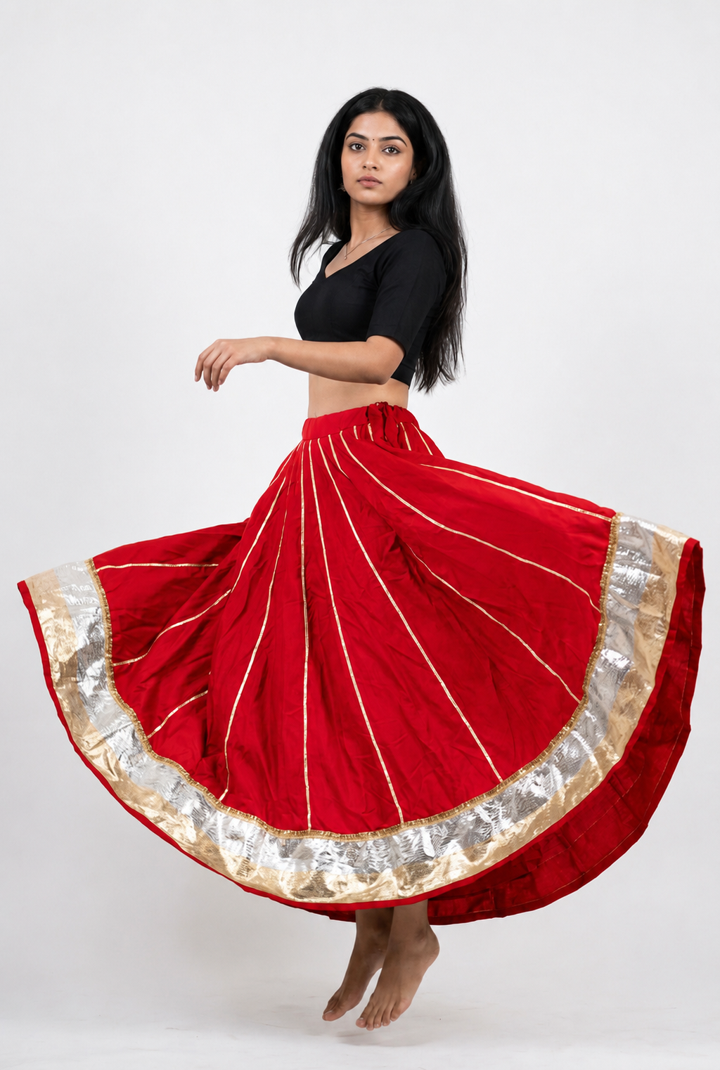 Banjara India Black Premium Rayon Kali Skirt/Chaniya – Skirt-Sona Chandi- Red