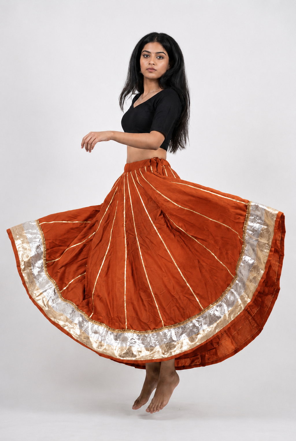 Banjara India Black Premium Rayon Kali Skirt/Chaniya – Skirt-Sona Chandi- Rust