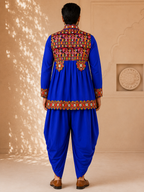 Banjara India Men’s Kutchi Embroidered Kediyu & Dhoti Set | Traditional Navratri Garba Outfit | Mirror Work Ethnic Wear Set-Blue