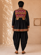 Banjara India Men’s Kutchi Embroidered Kediyu & Dhoti Set | Traditional Navratri Garba Outfit | Mirror Work Ethnic Wear Set-Black