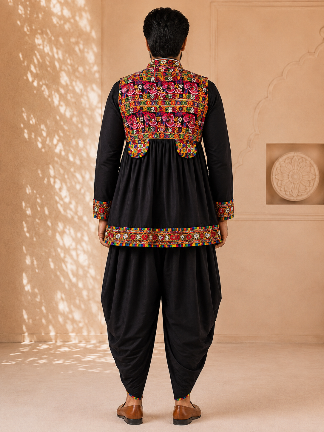 Banjara India Men’s Kutchi Embroidered Kediyu & Dhoti Set | Traditional Navratri Garba Outfit | Mirror Work Ethnic Wear Set-Black