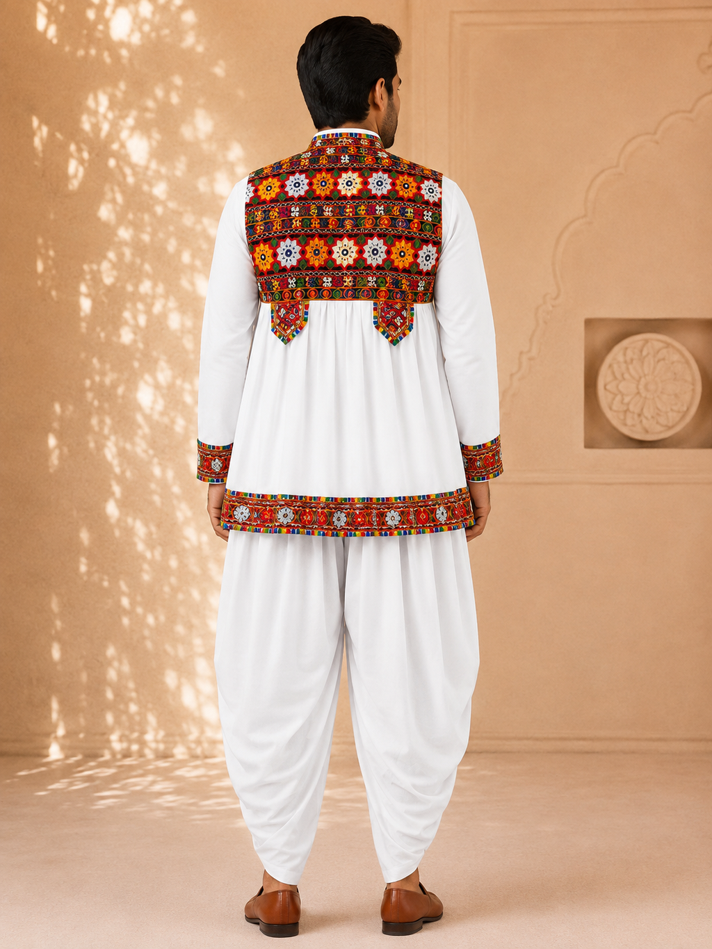 Banjara India Men’s Kutchi Embroidered Kediyu & Dhoti Set | Traditional Navratri Garba Outfit | Mirror Work Ethnic Wear Set-White