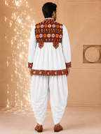 Banjara India Men’s Kutchi Embroidered Kediyu & Dhoti Set | Traditional Navratri Garba Outfit | Mirror Work Ethnic Wear Set-White