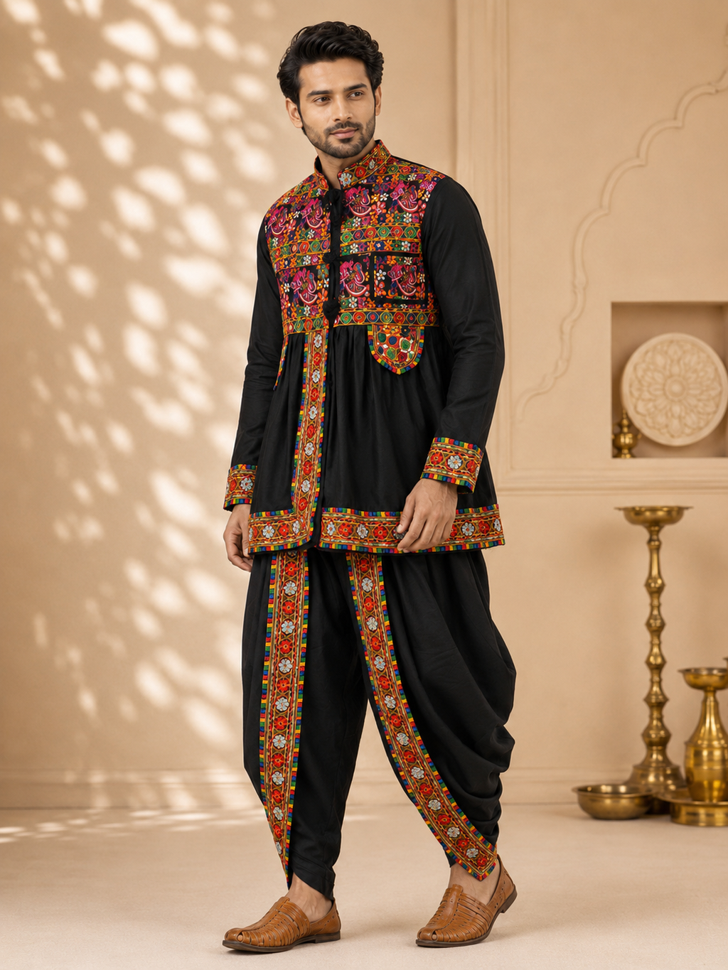 Banjara India Men’s Kutchi Embroidered Kediyu & Dhoti Set | Traditional Navratri Garba Outfit | Mirror Work Ethnic Wear Set-Black