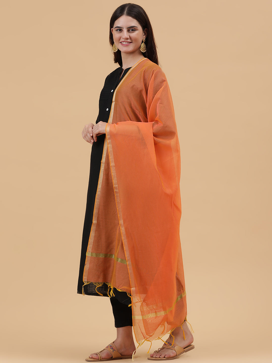 Banarasi Silk Dupatta- Beige (BNRS-Orange)