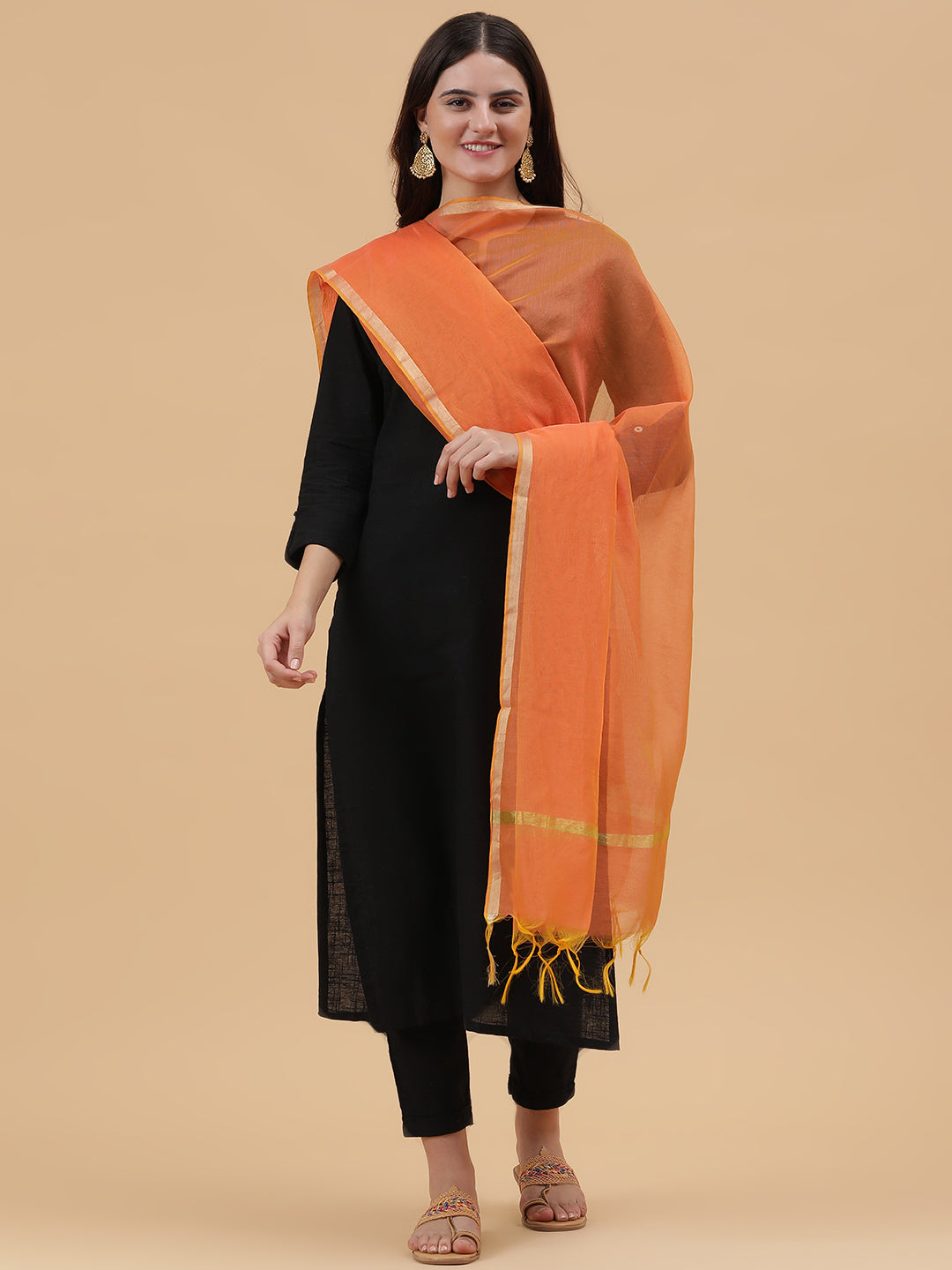Banarasi Silk Dupatta- Beige (BNRS-Orange)