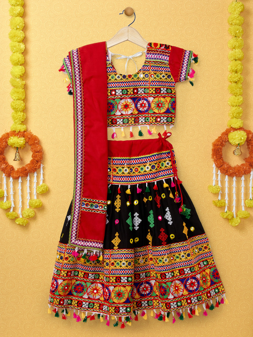 Banjara India Kutchi Emboidered Black Girls Lehenga Choli with Dupatta (CC-BTTA) - Black