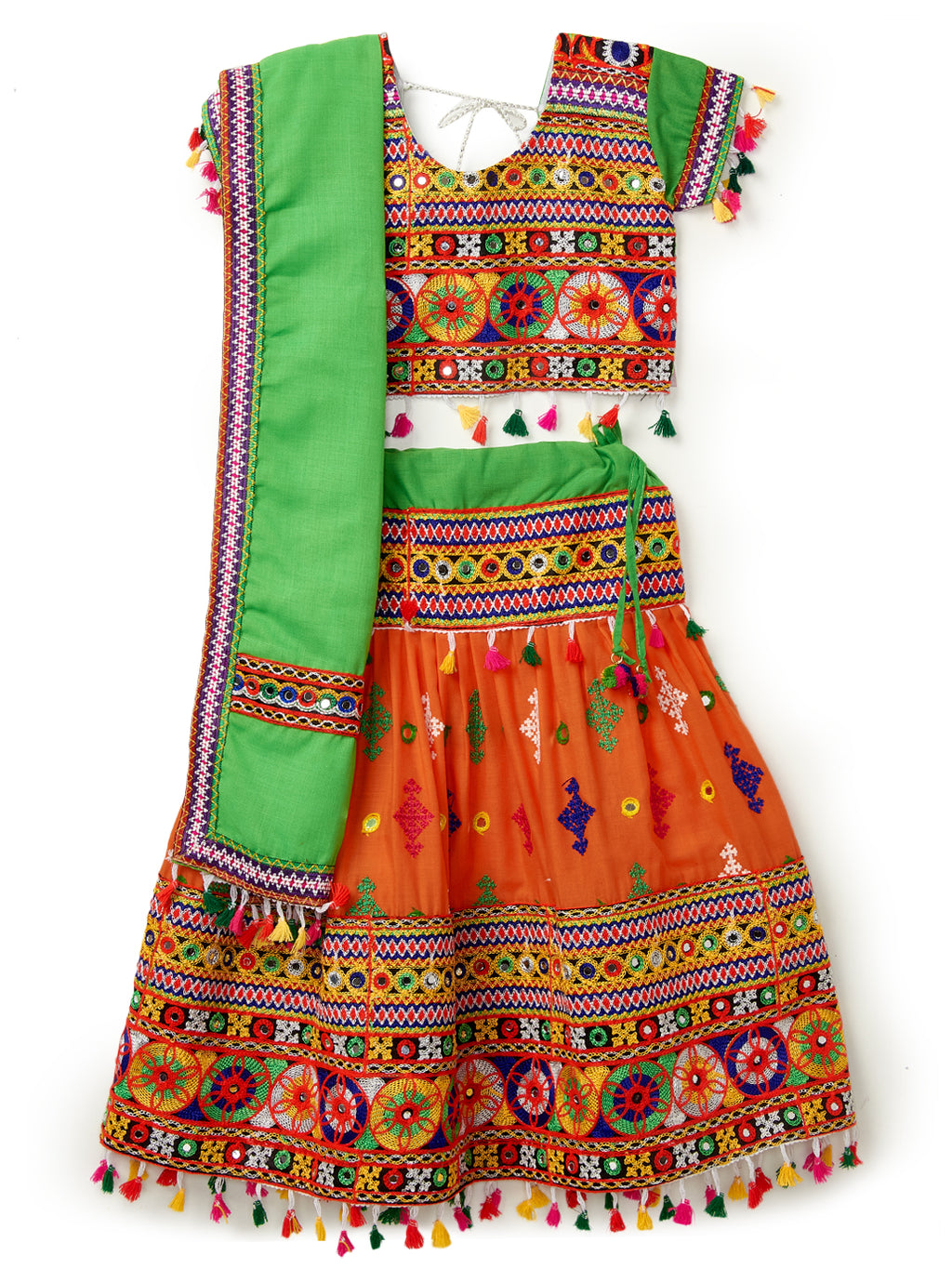 Banjara India Kutchi Emboidered Orange Girls Lehenga Choli with Dupatta (CC-BTTA) - Orange