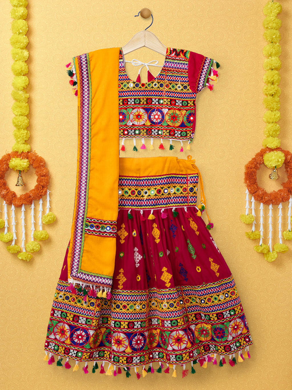 Banjara India Kutchi Emboidered Black Girls Lehenga Choli with Dupatta (CC-BTTA) - Red