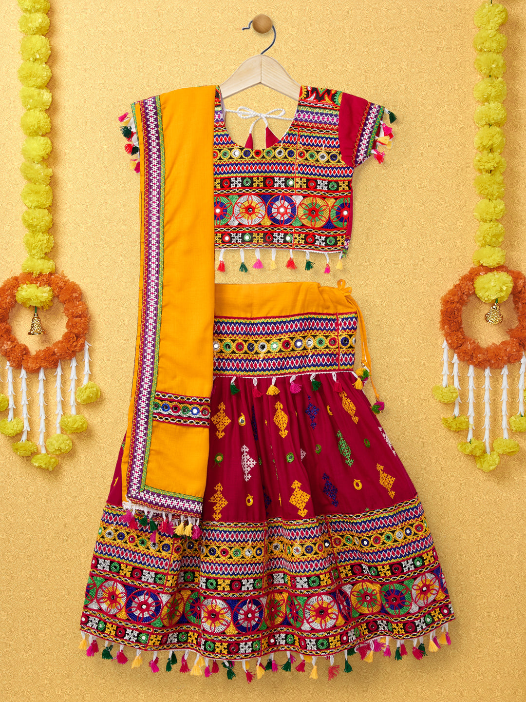 Banjara India Kutchi Emboidered Black Girls Lehenga Choli with Dupatta (CC-BTTA) - Red