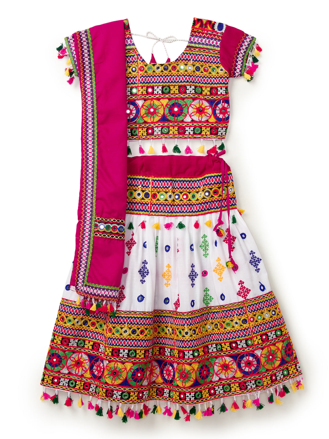 Banjara India Kutchi Emboidered White Girls Lehenga Choli with Dupatta (CC-BTTA) - White
