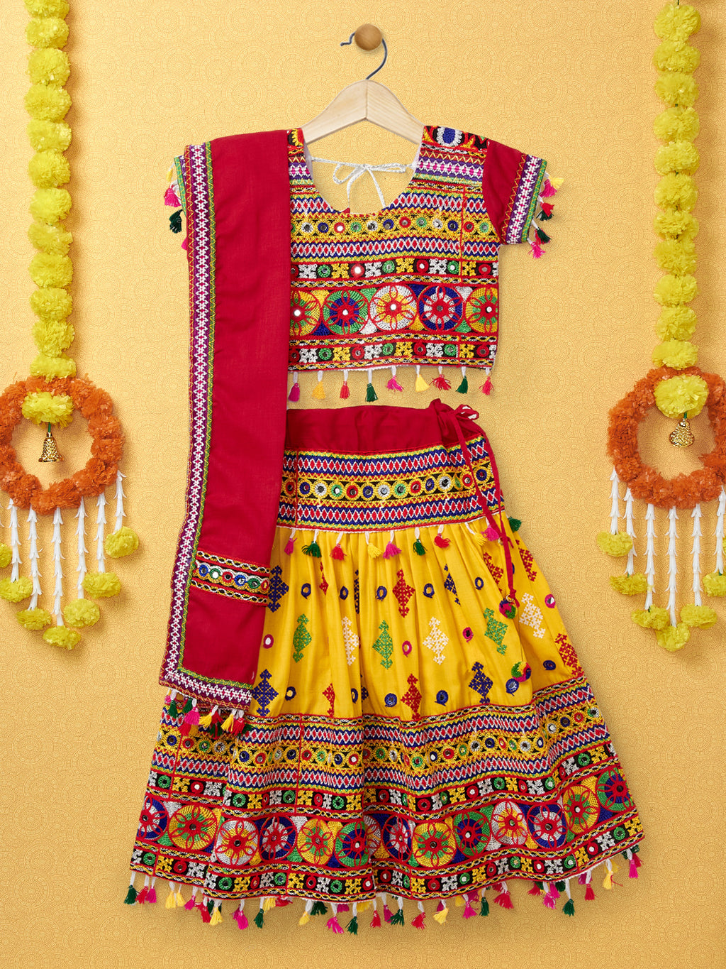 Banjara India Kutchi Emboidered Yellow Girls Lehenga Choli with Dupatta (CC-BTTA) - Yellow