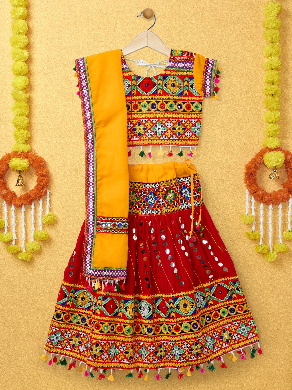 Banjara India Kutchi Emboidered Red Girls Chaniya Choli with Dupatta (CC-RSGL) - Red