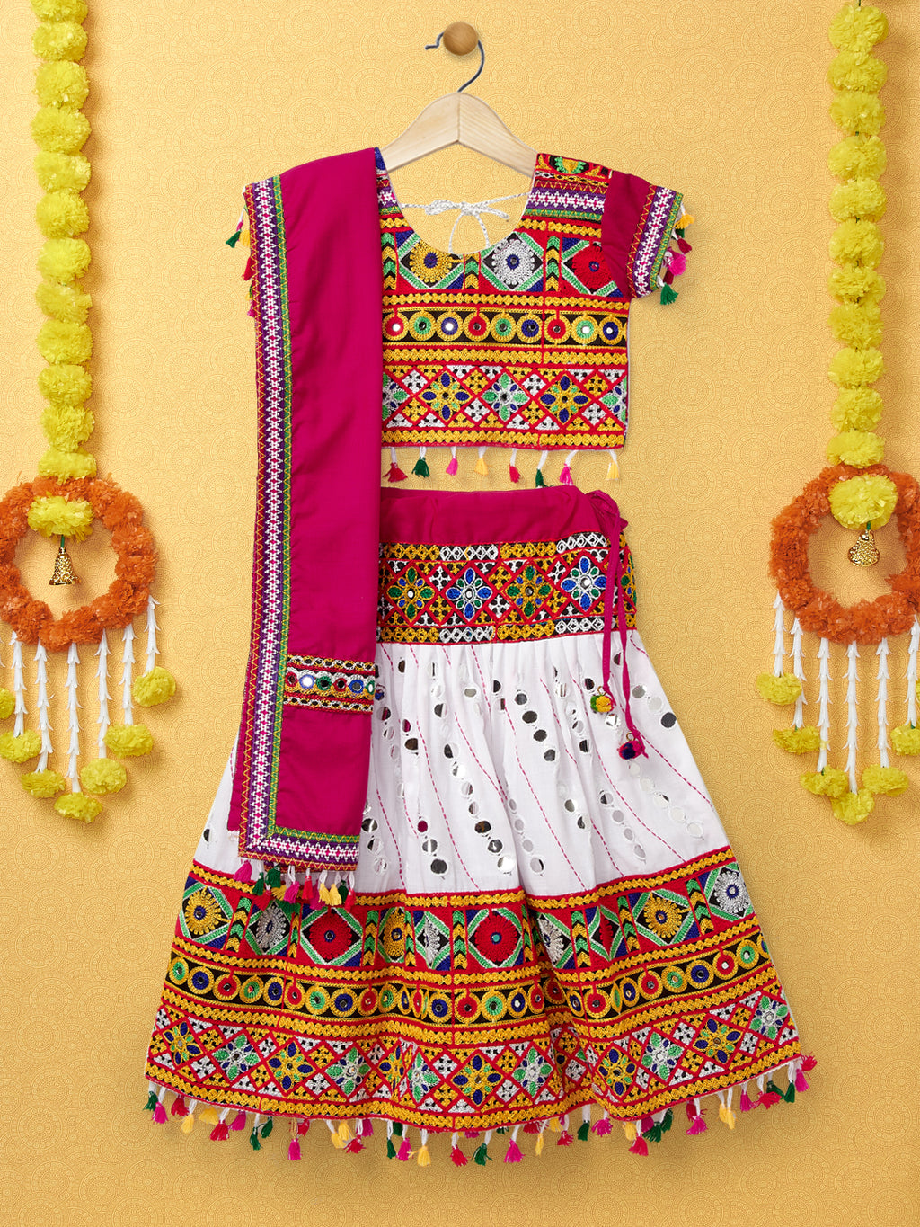 Banjara India Kutchi Emboidered White Girls Chaniya Choli with Dupatta (CC-RSGL) - WHITE