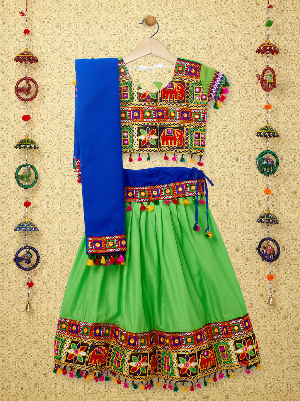 Banjara India Kutchi Emboidered Black Girls Chaniya Choli with Dupatta (CC1-WILD) - Green
