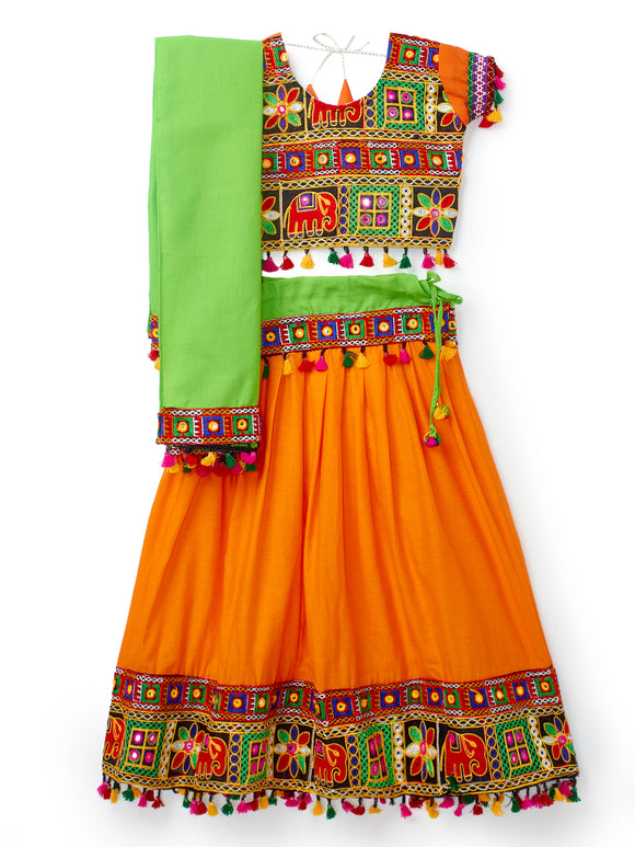 Banjara India Kutchi Embroidered Black Girls Chaniya Choli with Dupatta (CC1-WILD) - Orange