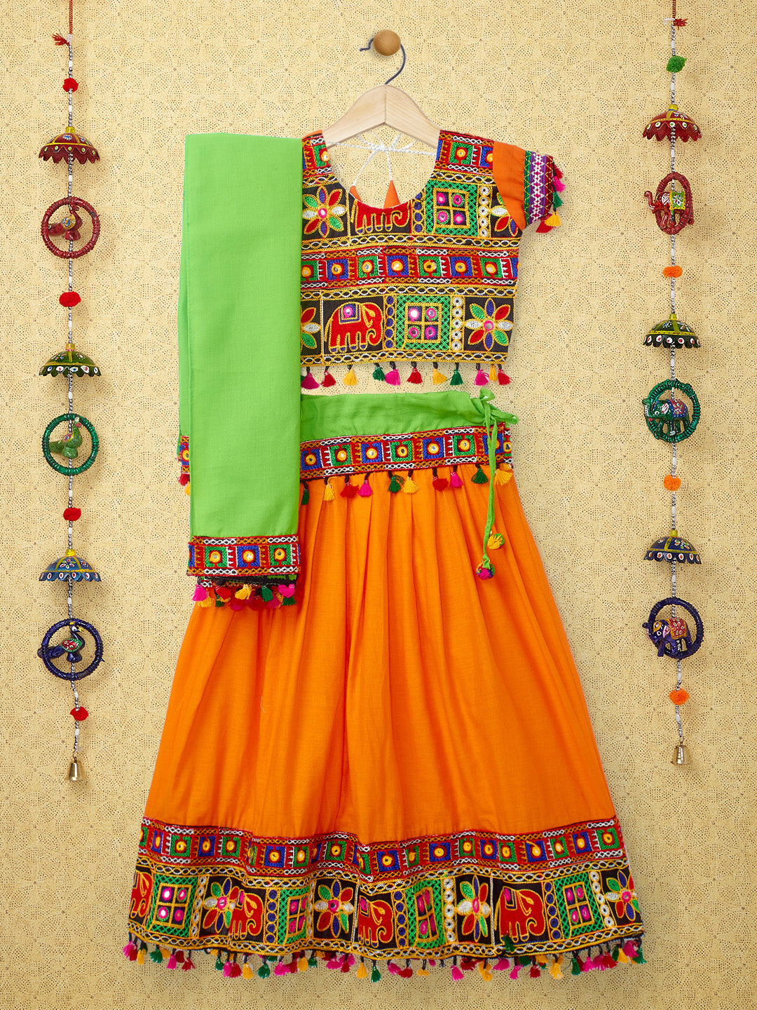 Banjara India Kutchi Embroidered Black Girls Chaniya Choli with Dupatta (CC1-WILD) - Orange
