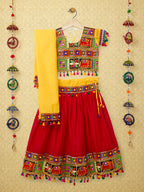 Banjara India Kutchi Embroidered Black Girls Chaniya Choli with Dupatta (CC1-WILD) - Red
