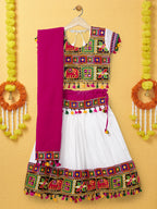 Banjara India Kutchi Emboidered Black Girls Chaniya Choli with Dupatta (CC1-WILD) - White
