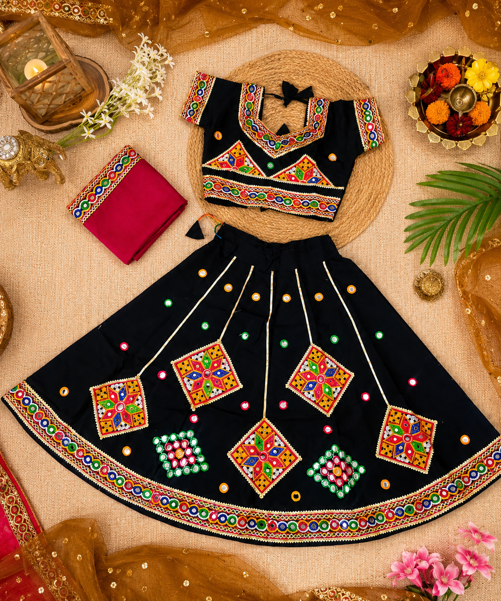 Banjara India Kutchi Embroidered Girls Chaniya Choli with Dupatta (CC-ButtaWork) - Black