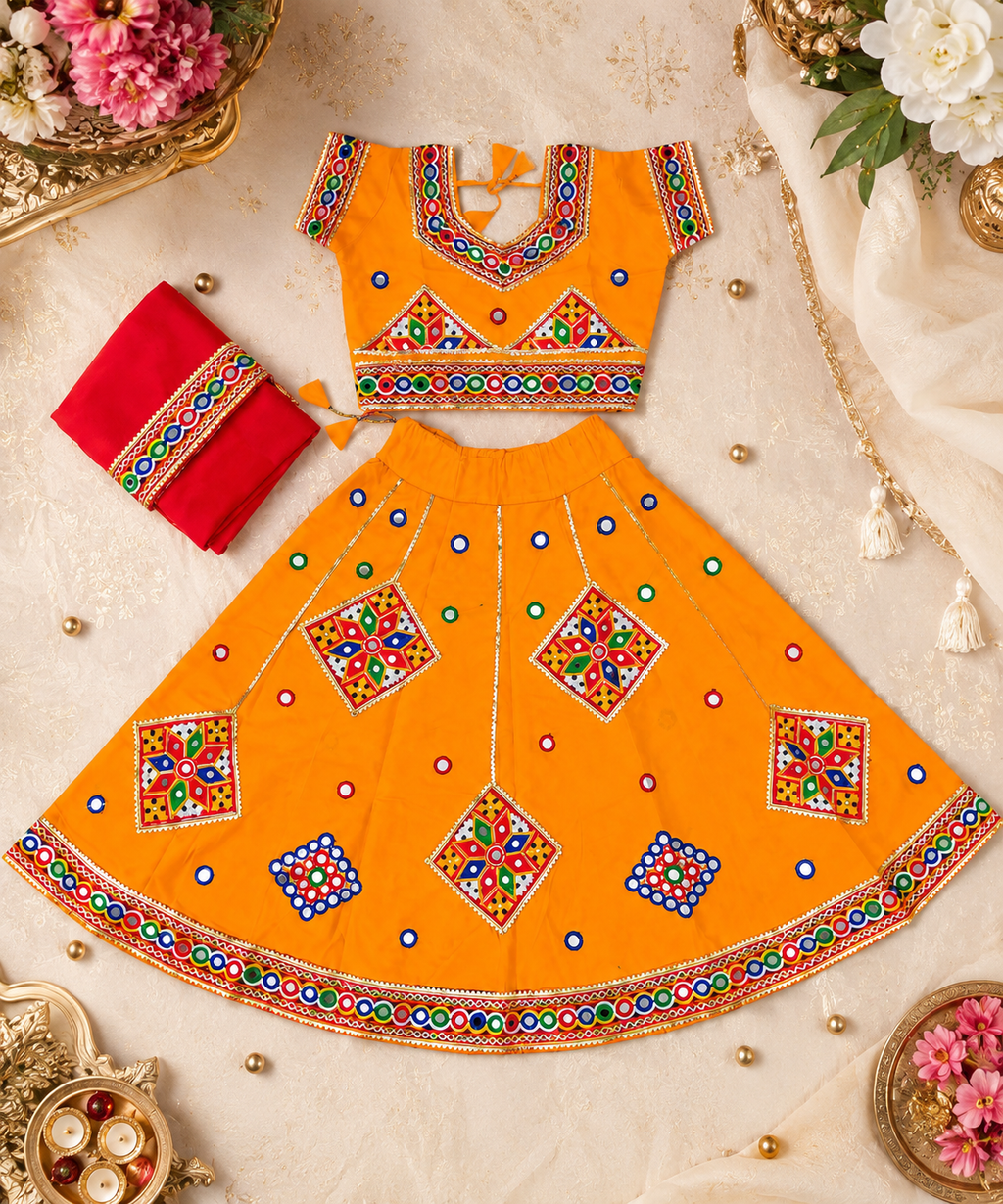Banjara India Kutchi Embroidered Girls Chaniya Choli with Dupatta (CC-ButtaWork) - Yellow
