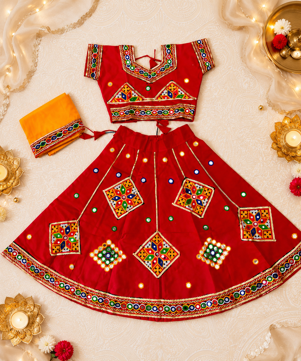 Banjara India Kutchi Embroidered Girls Chaniya Choli with Dupatta (CC-ButtaWork) - Red