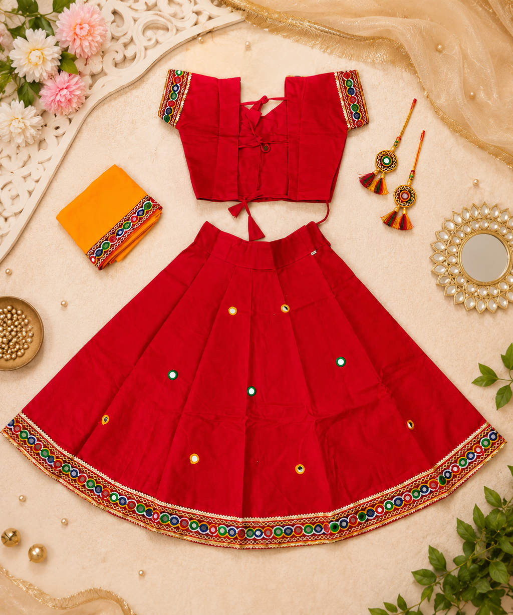 Banjara India Kutchi Embroidered Girls Chaniya Choli with Dupatta (CC-ButtaWork) - Red