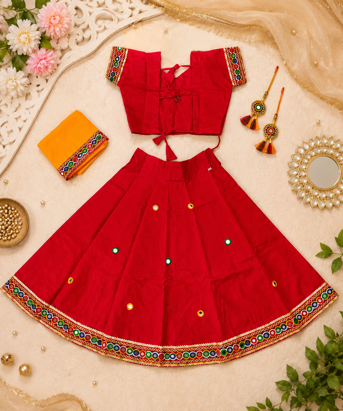 Banjara India Kutchi Embroidered Girls Chaniya Choli with Dupatta (CC-ButtaWork) - Red