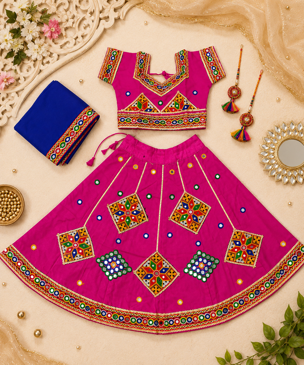 Banjara India Kutchi Embroidered Girls Chaniya Choli with Dupatta (CC-ButtaWork) -Pink