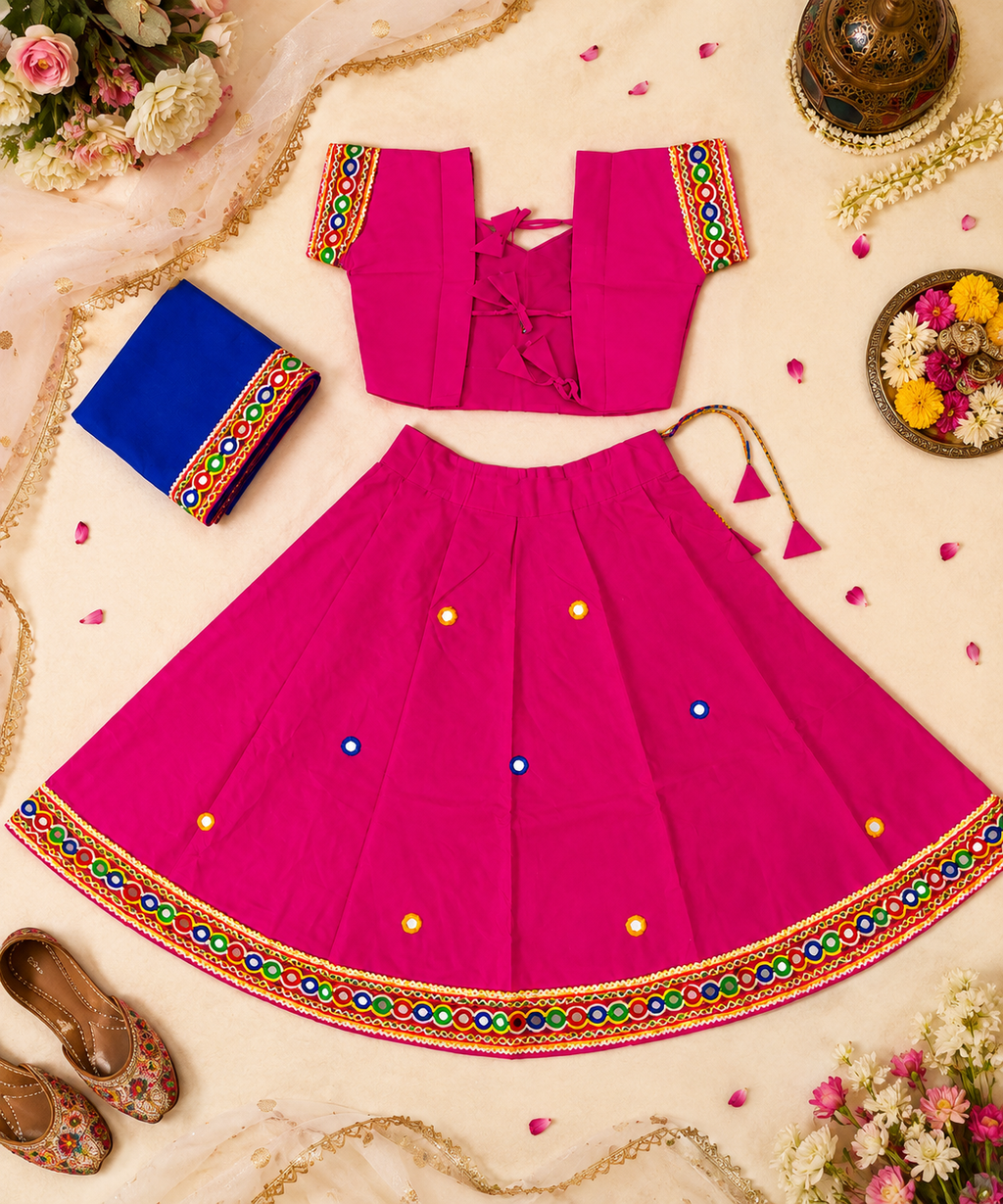 Banjara India Kutchi Embroidered Girls Chaniya Choli with Dupatta (CC-ButtaWork) -Pink