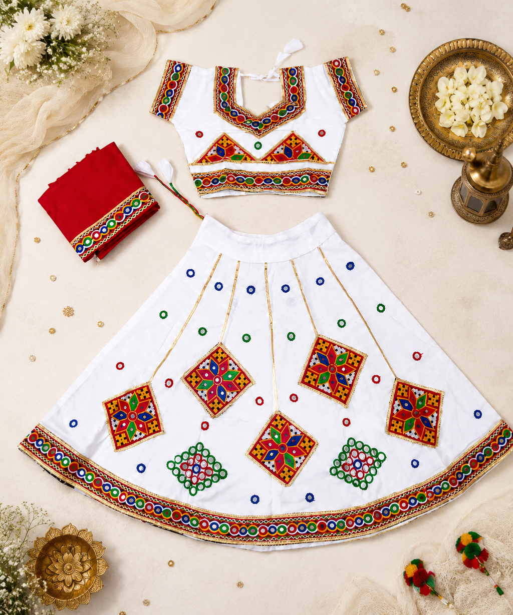 Banjara India Kutchi Embroidered Girls Chaniya Choli with Dupatta (CC-ButtaWork) - White