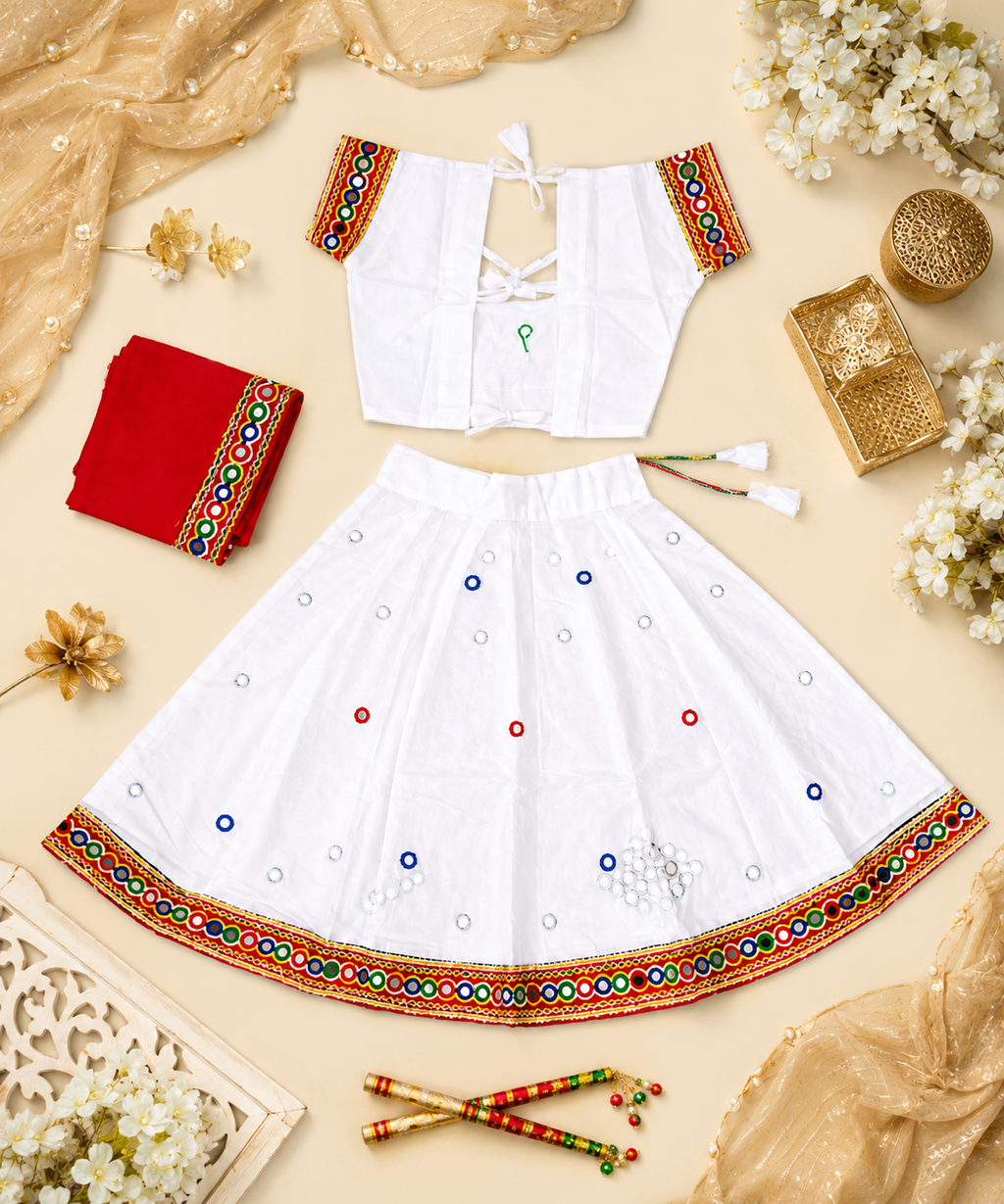 Banjara India Kutchi Embroidered Girls Chaniya Choli with Dupatta (CC-ButtaWork) - White