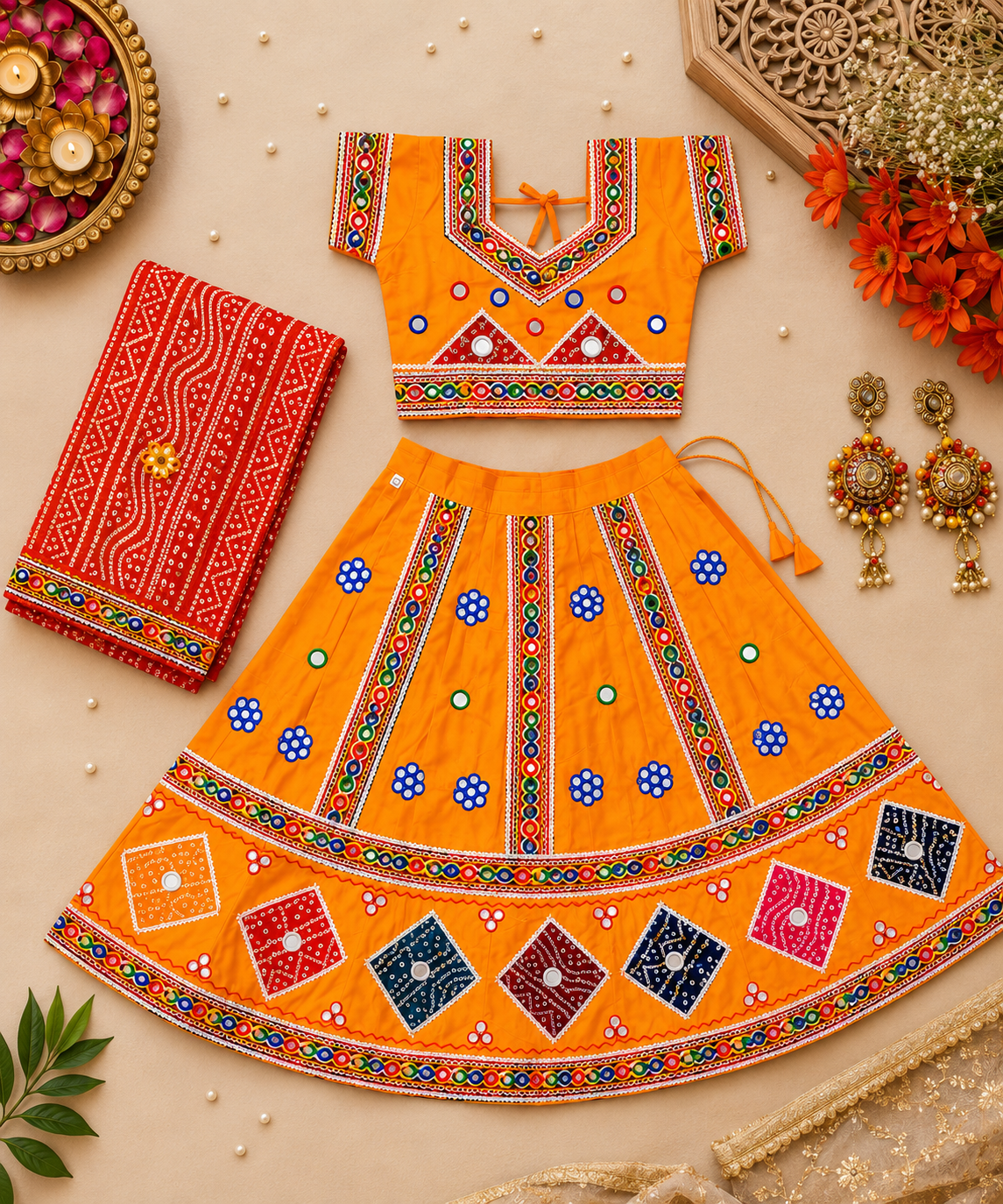 Banjara India Kutchi Embroidered Girls Chaniya Choli with Dupatta (CC-CHN) - Orange